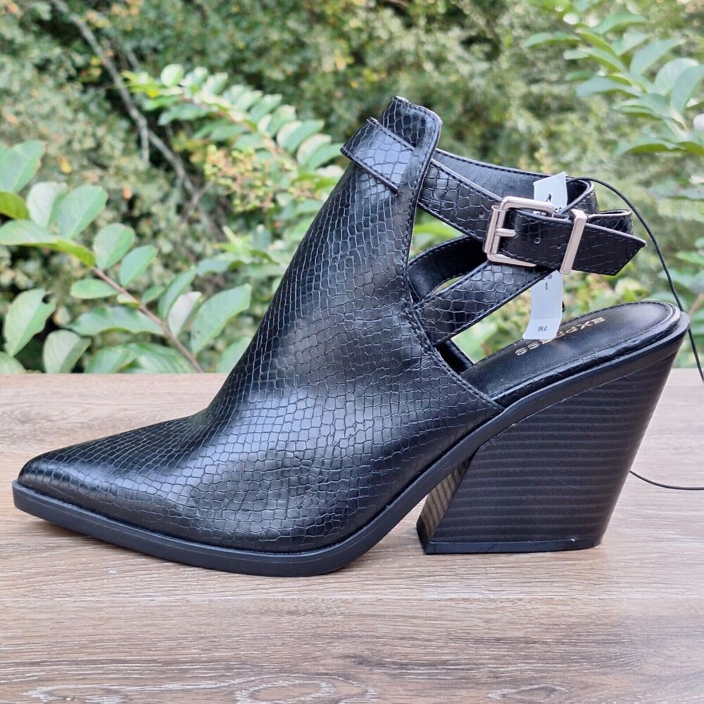 Express (Womens 10) Reptile Embossed Faux Leather Black Open Back Ankle Boots